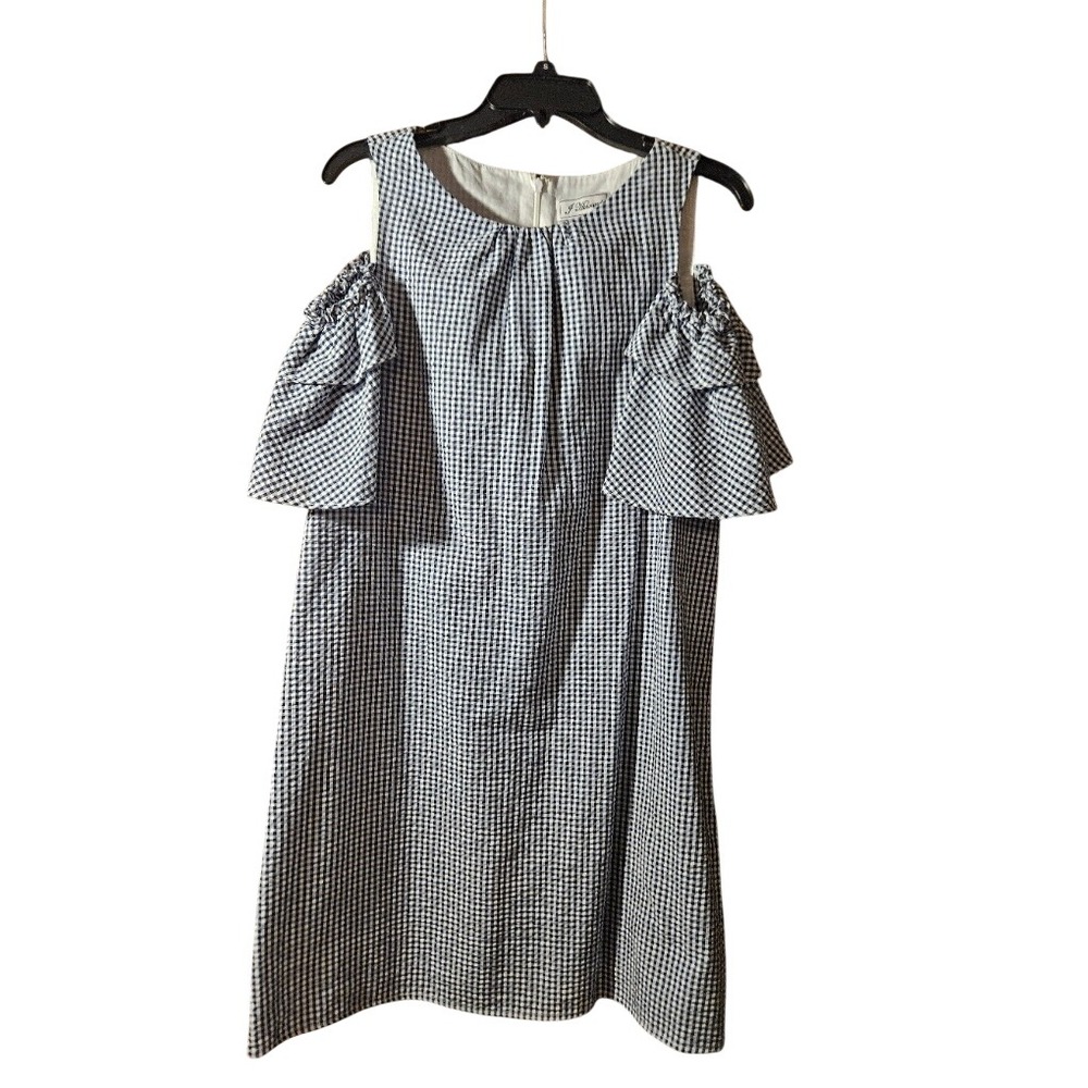 J Howard Gingham Cold Shoulder Ruffle Sleeve Shift Dress Navy White Size 6